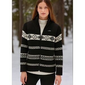 LRL Ralph Lauren Active Nordic Knit Sweater Jacket Women's Large Black Fair Isle